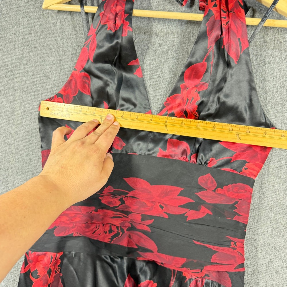 Y2K Donna Ricco Silk Halter Dress Black Red Floral Rose Handkerchief Hem SZ 4 - Picture 7 of 13